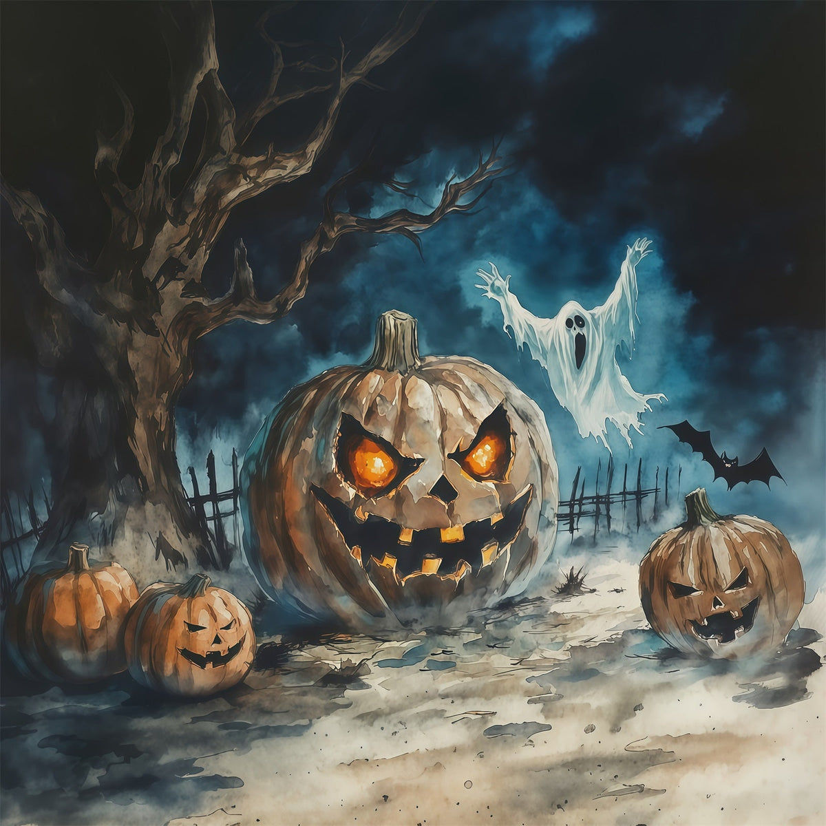 Décor Photographique D'Halloween Aquarelle Citrouille Fantôme ArbreDécor Effrayant RR67-42