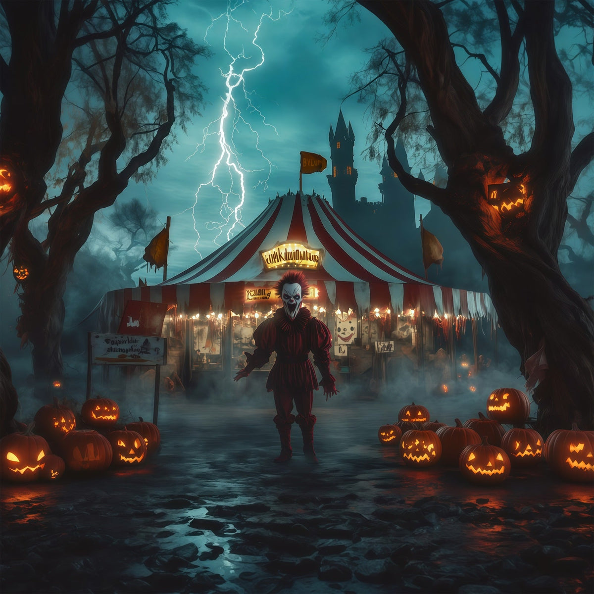 Toile De Fond D'Halloween Avec Des Clowns De Cirque Effrayants Et Des Citrouilles Toile De Fond En Tissu RR67-49