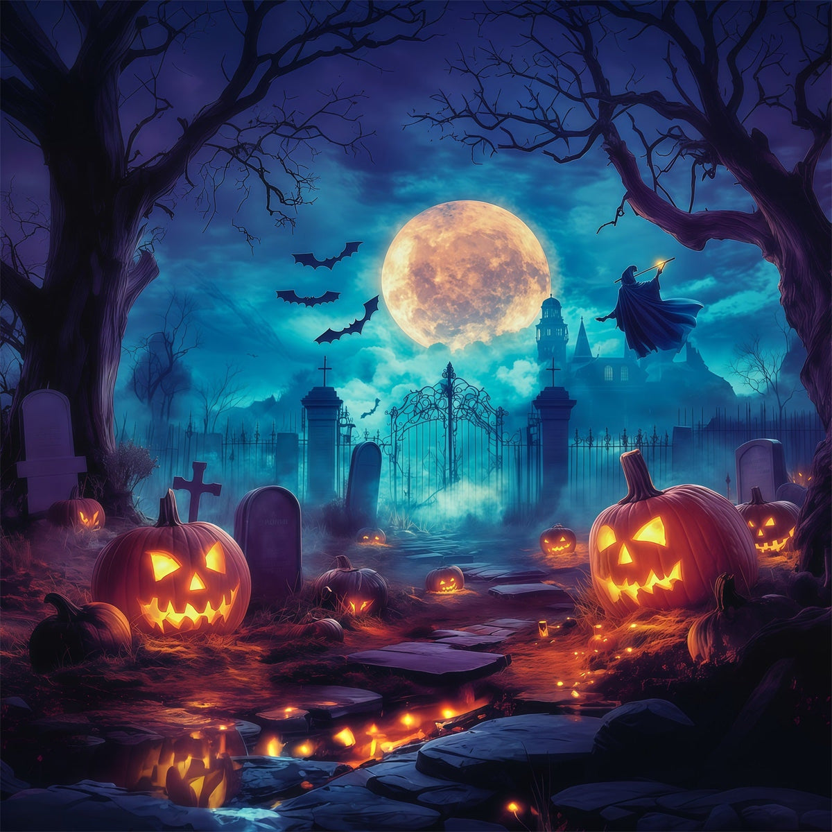Décors Sur Le Thème D'Halloween Cimetière De Citrouilles Et Sorcière Au Clair De LuneIdées RR67-5