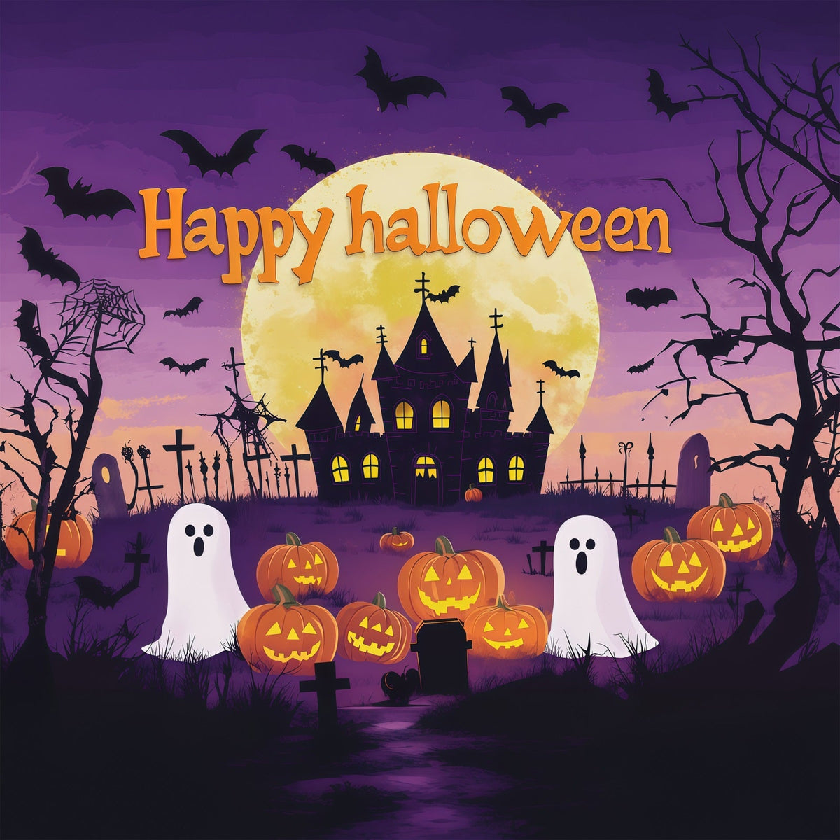 Décor De Fond Pour Fête D'Halloween Citrouilles Fantômes Et Lune Violette RR67-51