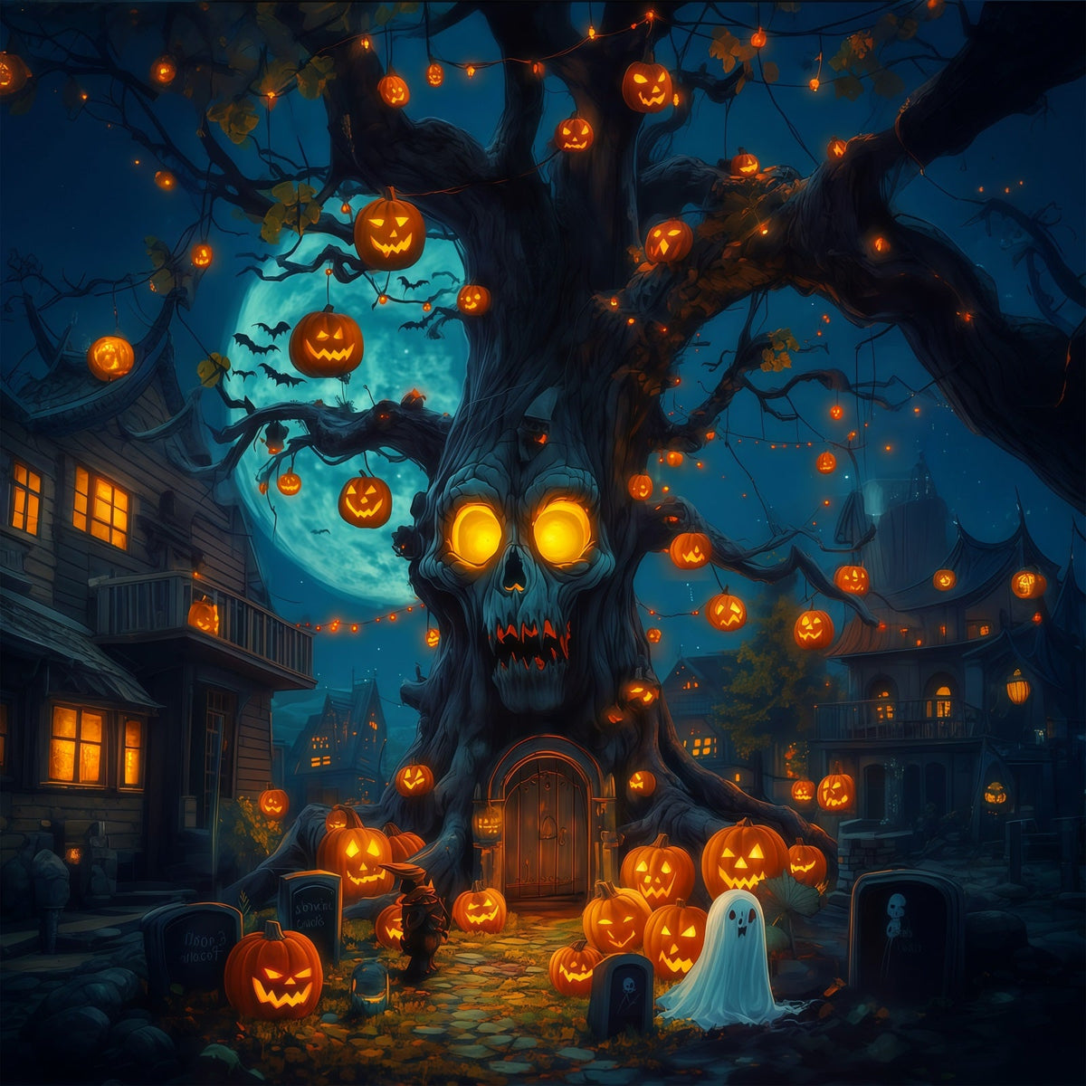 Décor De Fond Extérieur Pour Halloween Crâne Arbre Citrouilles Lanternes Décor Effrayant RR67-59