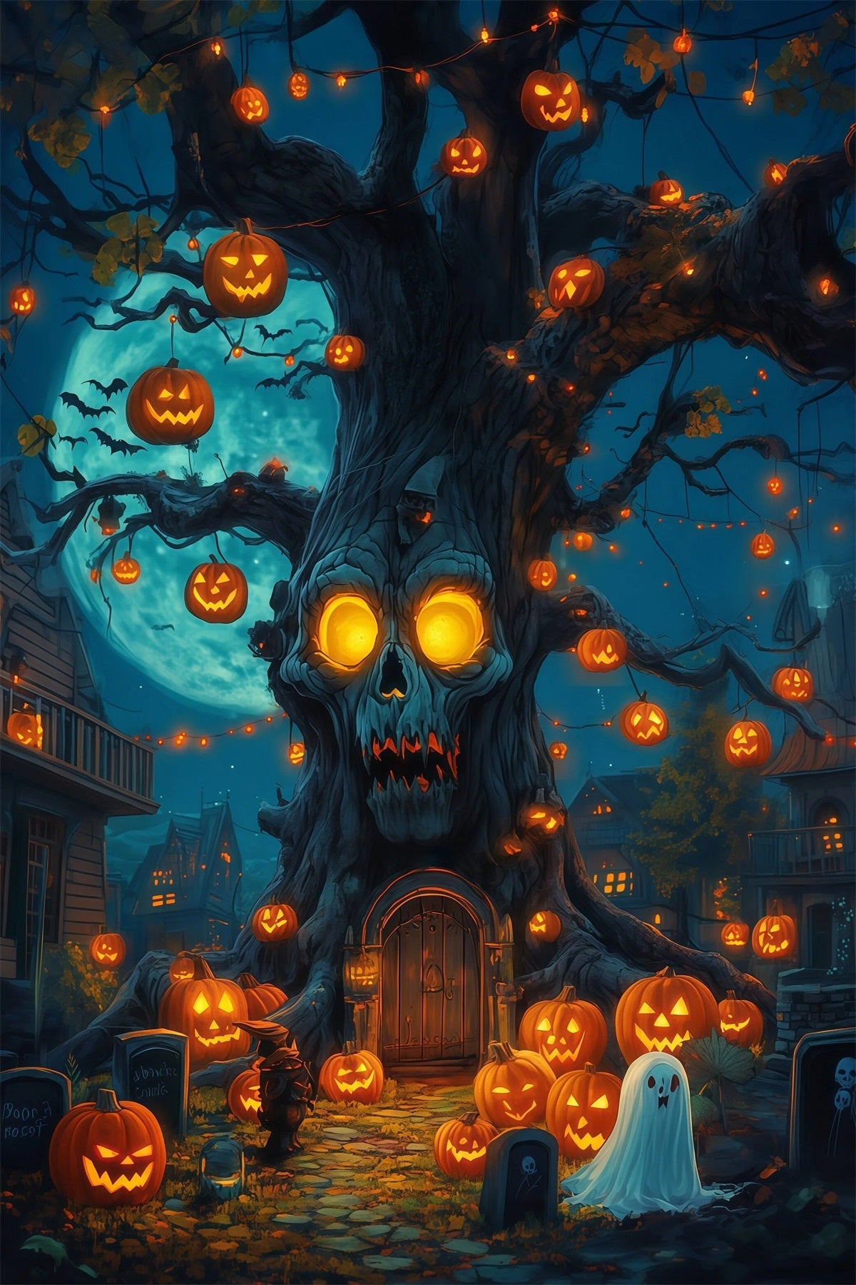 Décor De Fond Extérieur Pour Halloween Crâne Arbre Citrouilles Lanternes Décor Effrayant RR67-59