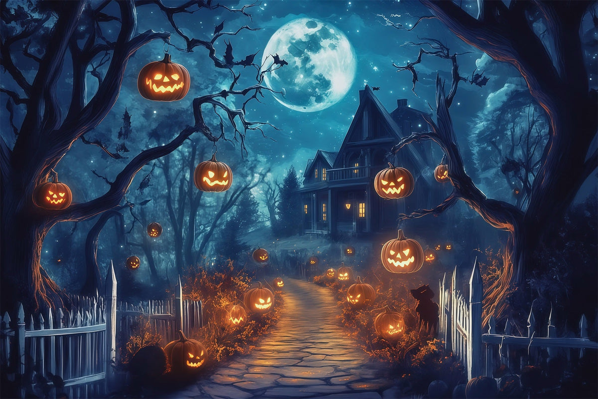 Décor Extérieur D'Halloween Avec Maison Et Citrouilles Éclairées Au Clair De LuneRR67-61