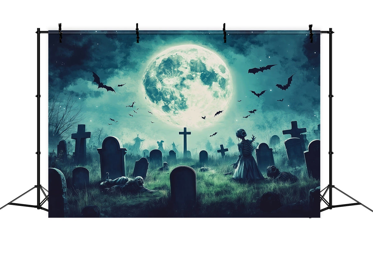 Décor De Cimetière Personnalisé Pour Halloween Cimetière De Zombies Au Clair De Lune Avec Chauves-Souris RR67-64