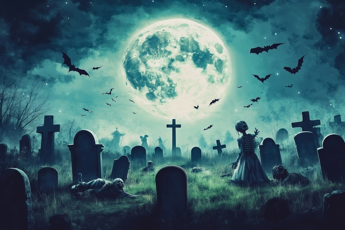 Décor De Cimetière Personnalisé Pour Halloween Cimetière De Zombies Au Clair De Lune Avec Chauves-Souris RR67-64