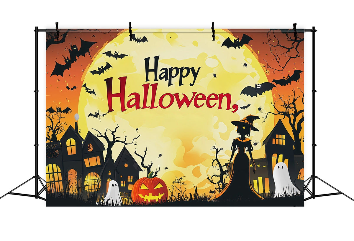 Décor De Cabine Photo Halloween Lune Orange Ville Des Sorcières RR67-70