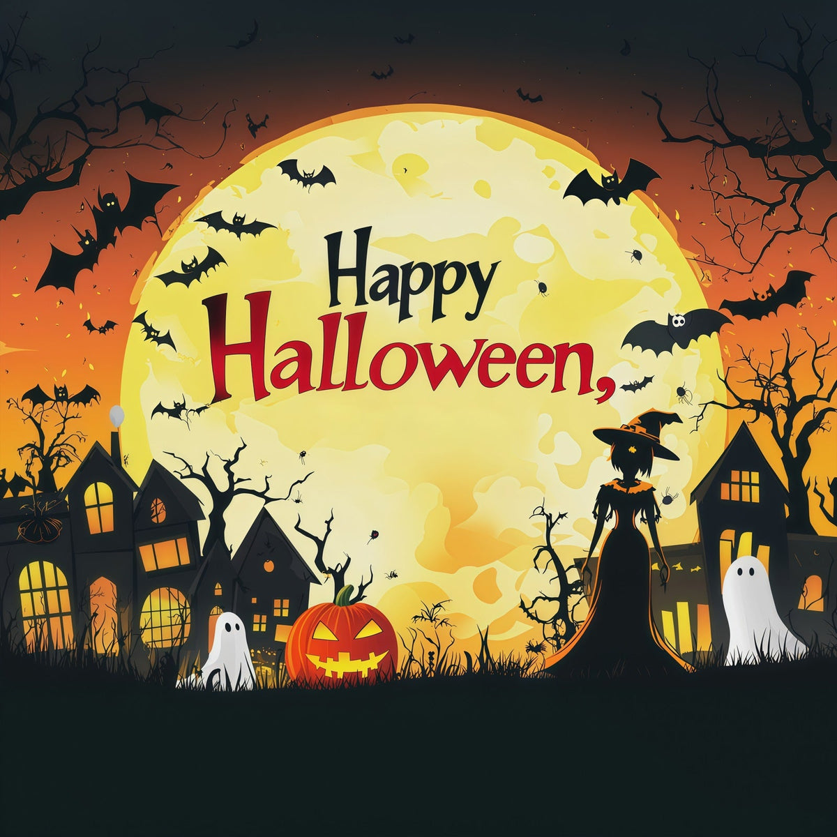 Décor De Cabine Photo Halloween Lune Orange Ville Des Sorcières RR67-70