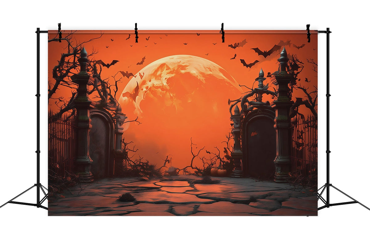 Décor De Fond Halloween Lune Orange Porte De Cimetière Décors Photos Halloween RR67-8