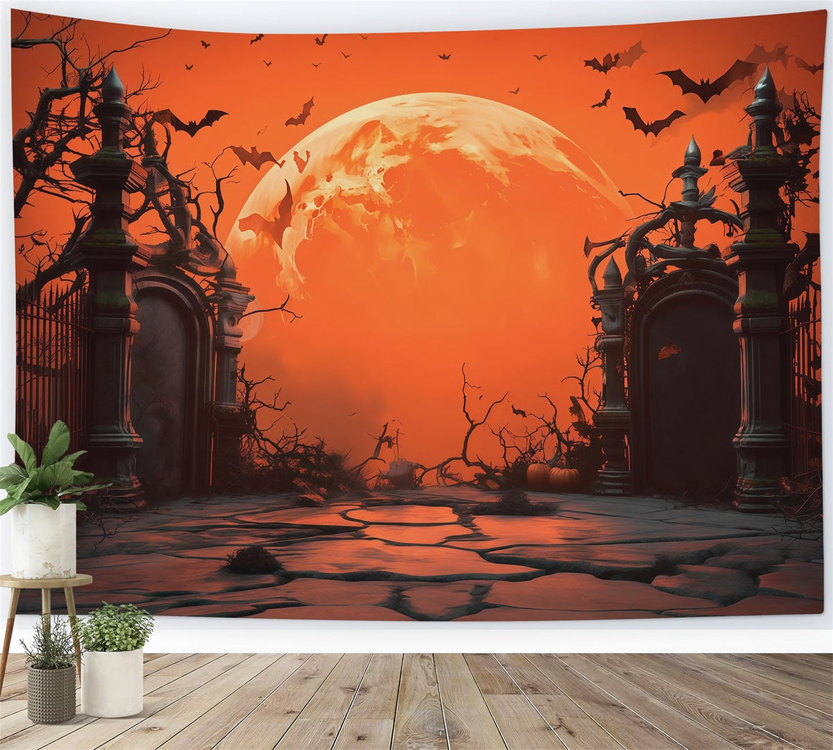 Décor De Fond Halloween Lune Orange Porte De Cimetière Décors Photos Halloween RR67-8