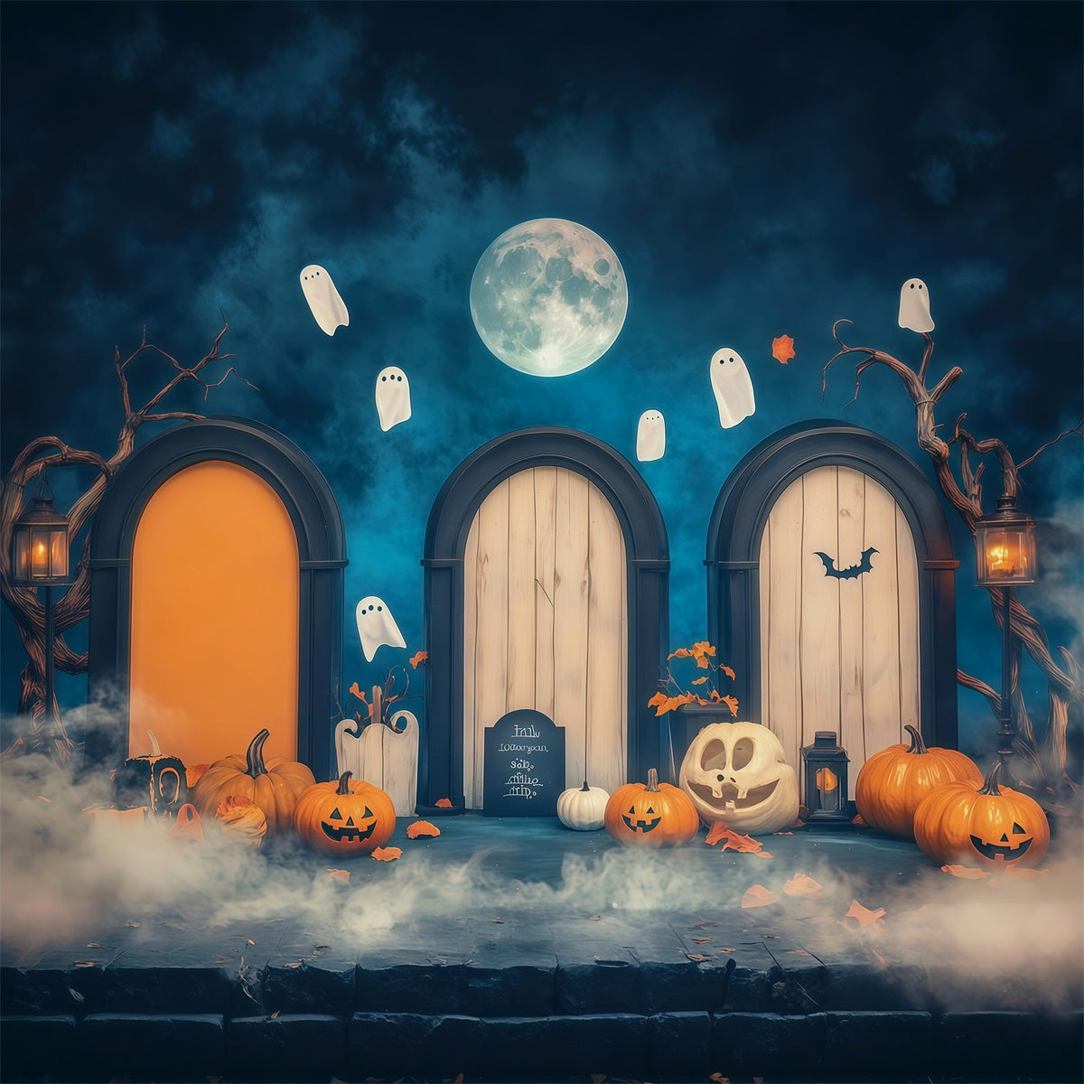 Arche D'Halloween En Toile De FondPorte Fantôme Éclairée Par La Lune Citrouilles Grands Décors D'Halloween RR67-83