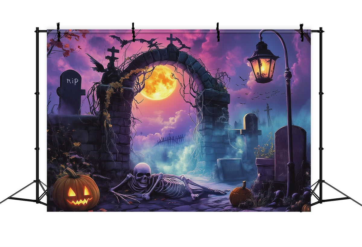 Décor De Fond Extérieur Pour Halloween Arche De Cimetière Éclairée À La Lune Squelette RR67-9