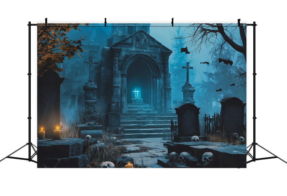 Décor De Fond En Tissu Pour Halloween Crypte Bleue Bougies Tombes Cimetière Décors D'Halloween RR67-93
