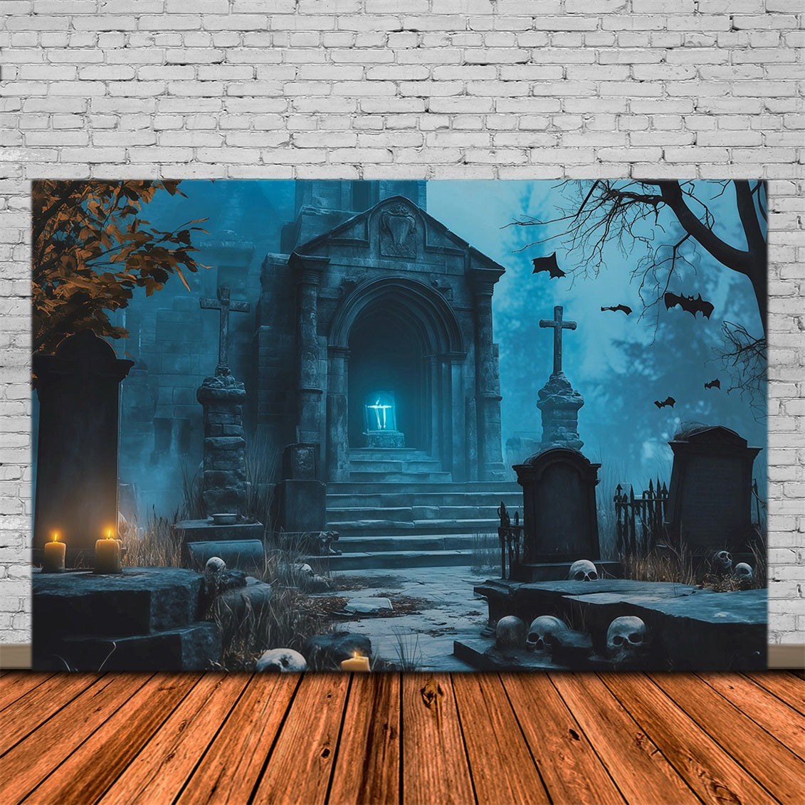 Décor De Fond En Tissu Pour Halloween Crypte Bleue Bougies Tombes Cimetière Décors D'Halloween RR67-93