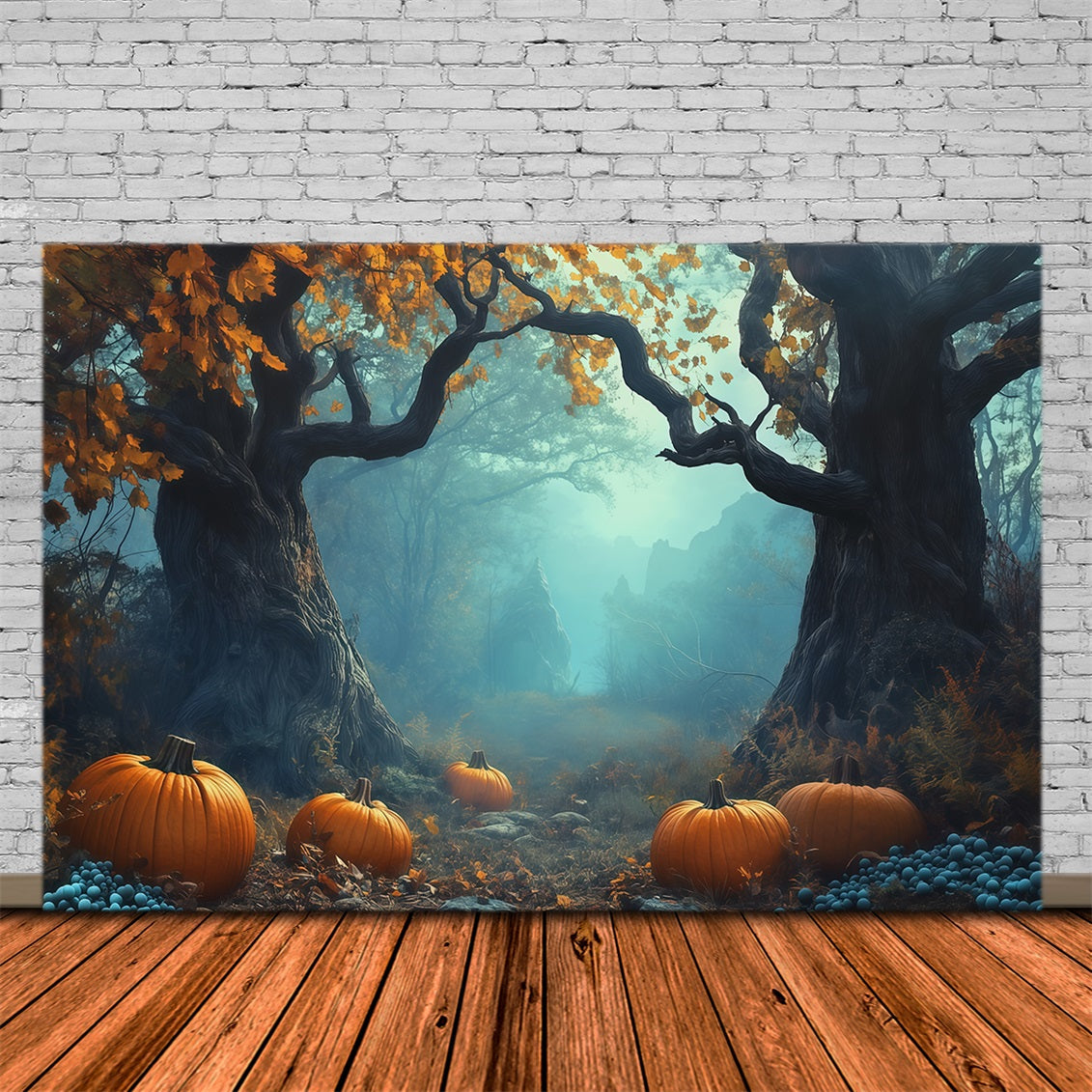 Idées De Décors Photo Pour Une Fête D'Halloween Chemin Forestier Brumeux Et Citrouilles Décor RR67-95
