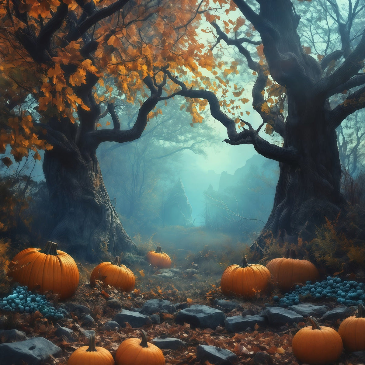 Idées De Décors Photo Pour Une Fête D'Halloween Chemin Forestier Brumeux Et Citrouilles Décor RR67-95