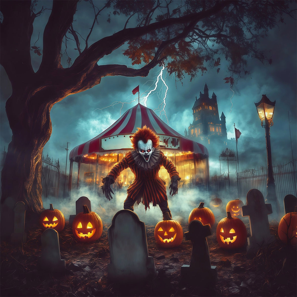 Toile De Fond D'Halloween Avec ClownCimetière De Cirque Effrayant Et Citrouille RR67-99