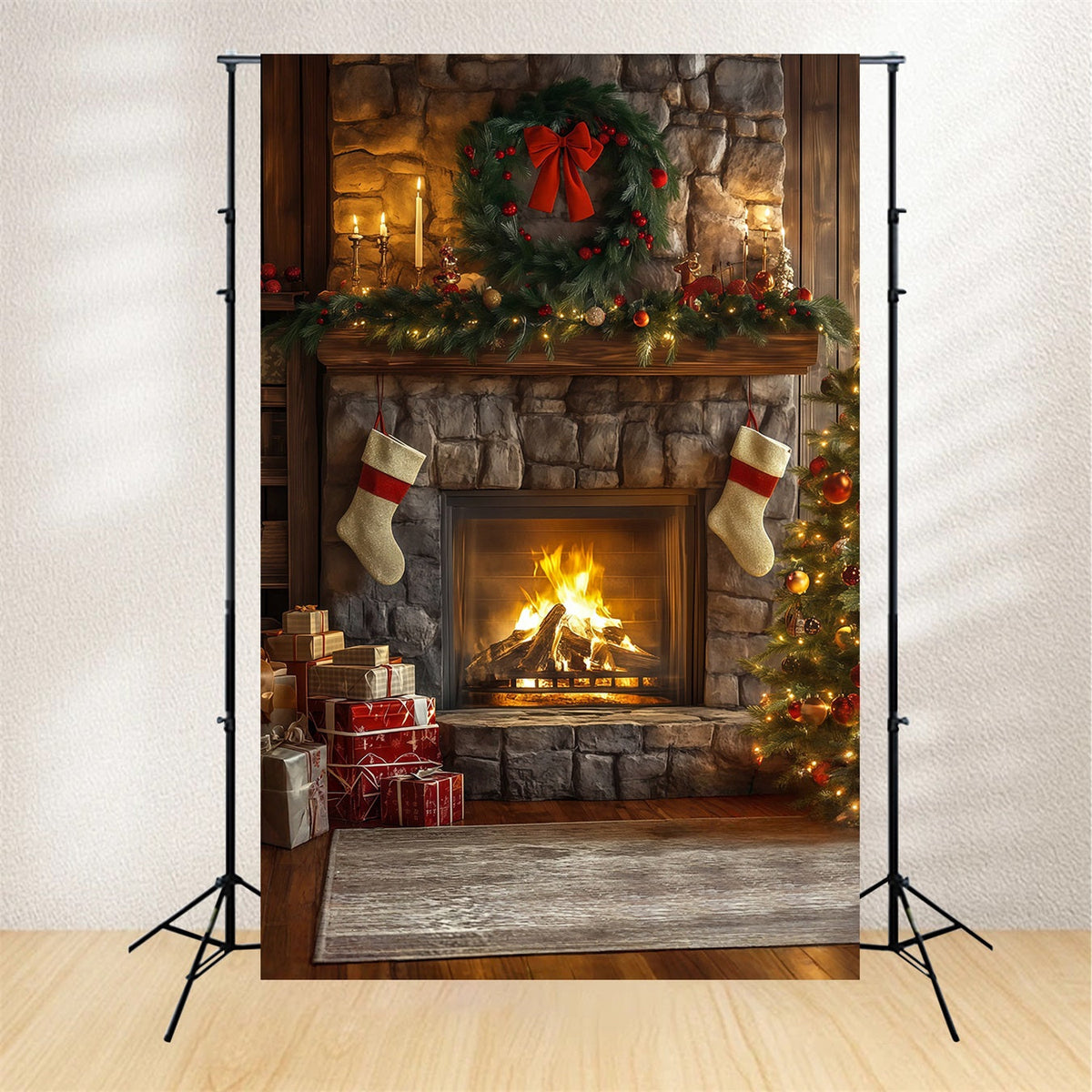 Fond De Cheminée De Noël Décoration De Guirlande Pour Cheminée En Pierre Décors De Noël RR68-62