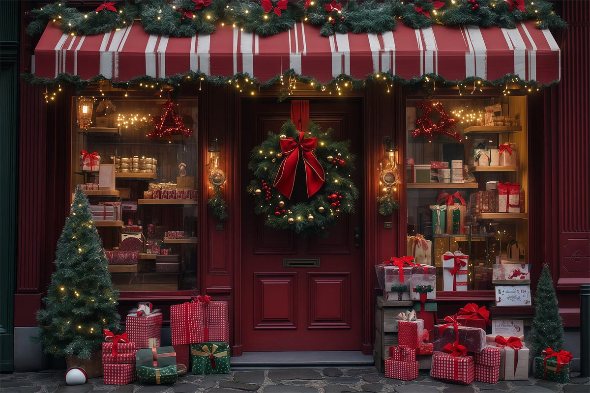 Décor De Magasin De Noël Façade De La Boutique De Cadeaux Couronne Rouge Fond En Mousseline De Noël RR68-89