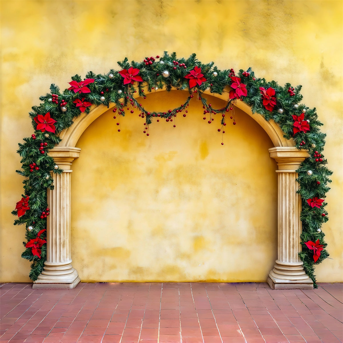 Arche De Noël En Toile De Fond Colonne De Guirlande De Poinsettias Décor Photographique De Noël RR69-106