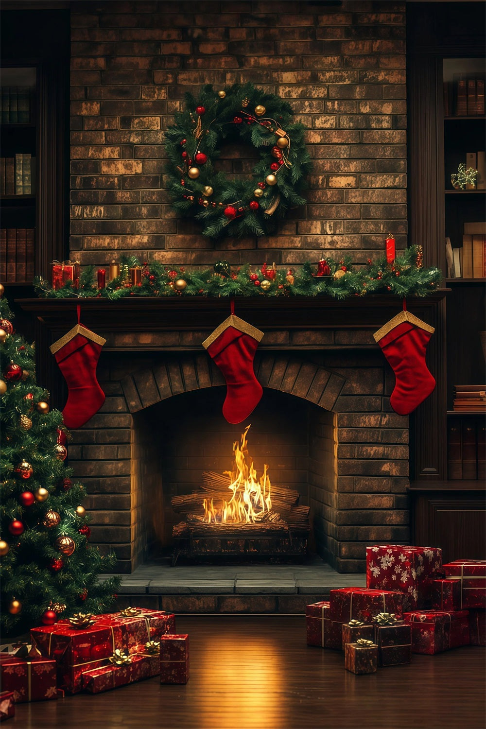 Décor De Noël Chaleureux Cheminée En Briques, Lueur Des Bas Décor De Noël Pour Studio RR69-23