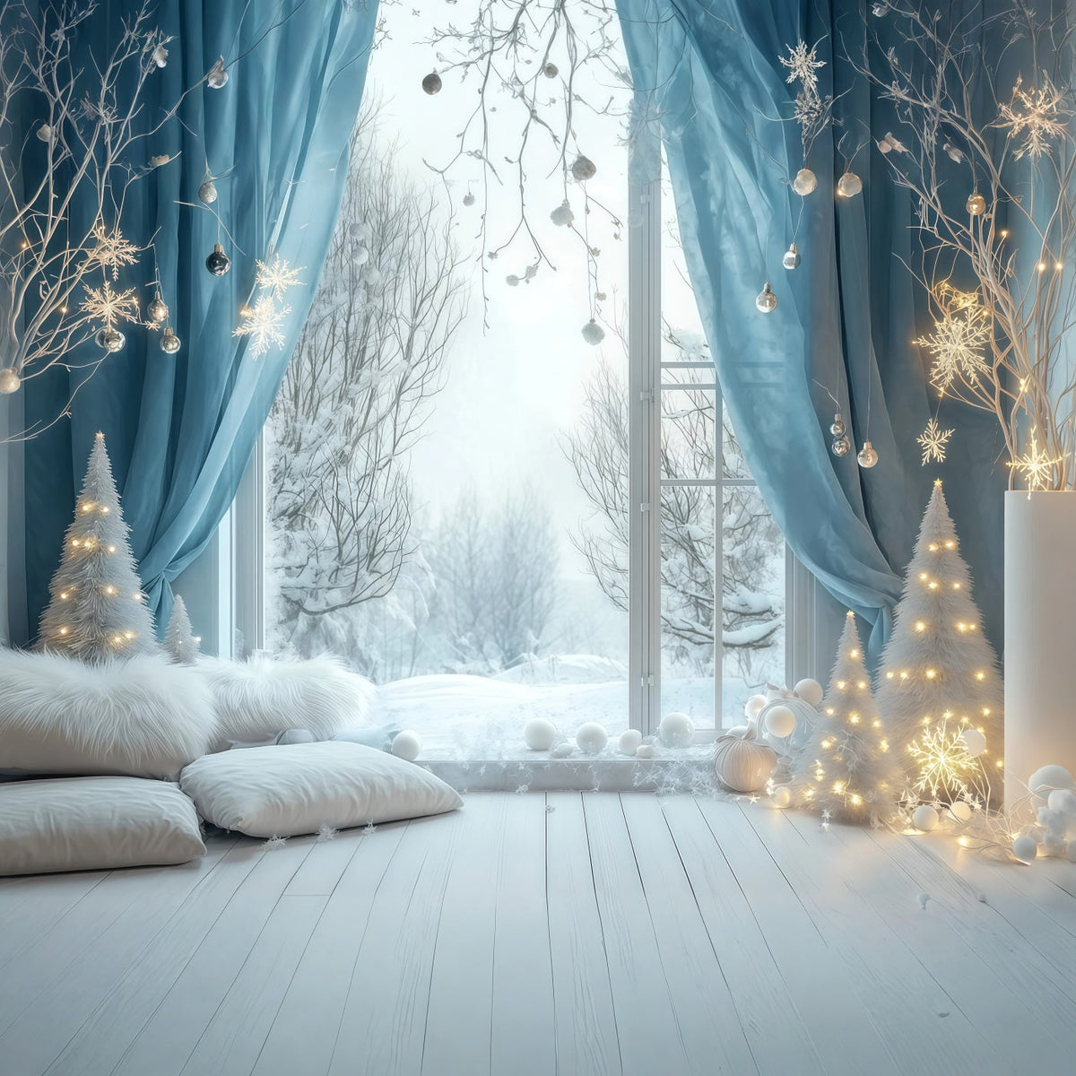 Fond De Lumières De Noël Chambre Avec Fenêtre Bleu Neige Décors De Noël Pour Studio RR69-24