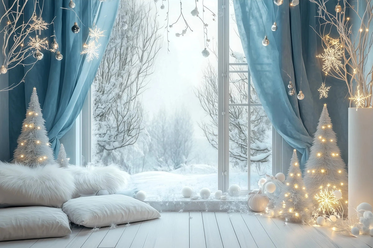 Fond De Lumières De Noël Chambre Avec Fenêtre Bleu Neige Décors De Noël Pour Studio RR69-24