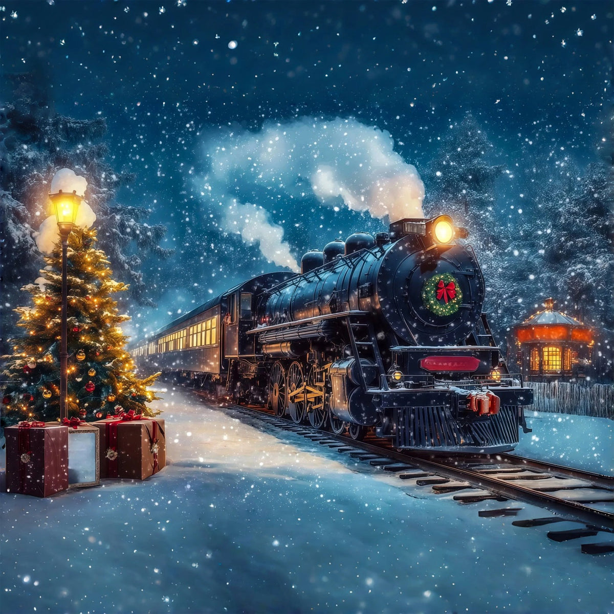 Fond De Train De Noël Voyage À La Gare Enneigée Grand Décor De Noël RR69-47