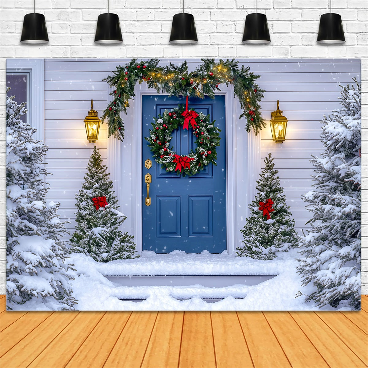 Décor De Maison De Noël Couronne De Porte Bleue Fond Photo De Noël RR69-63