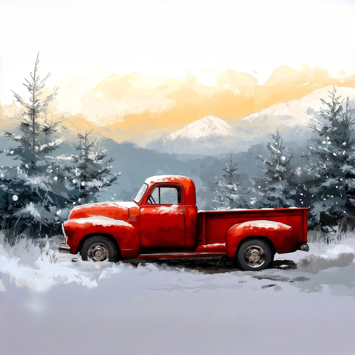 Fond De Noël Camion Rouge Forêt Enneigée De Vin Décor Mural De Noël RR69-65