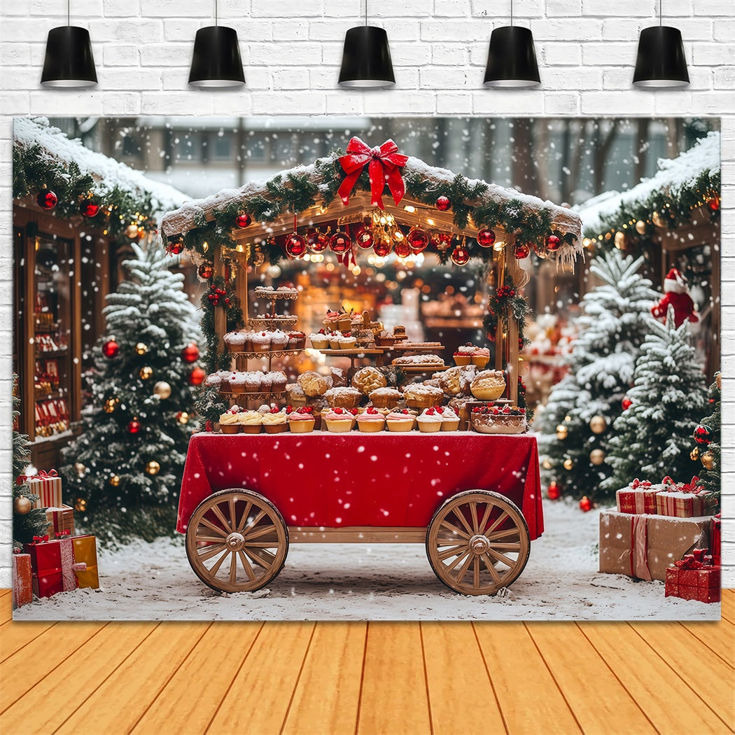 Décor De Noël Enneigé Marché Ambulant De Desserts Enneigés Fond Photo De Noël RR69-77