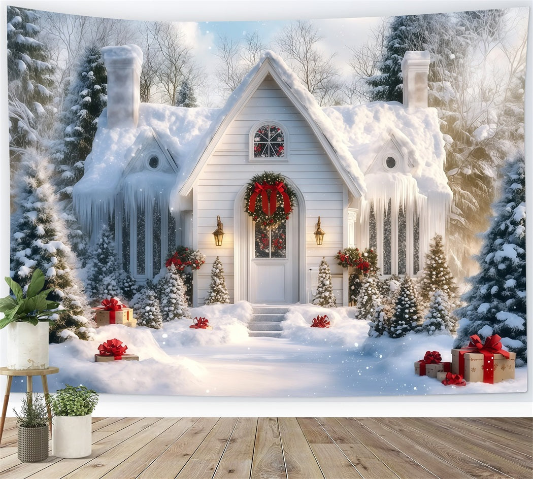 Décor De Noël Enneigé Porche De Chalet Blanc D'Hiver Fond De Noël En Mousseline RR69-88
