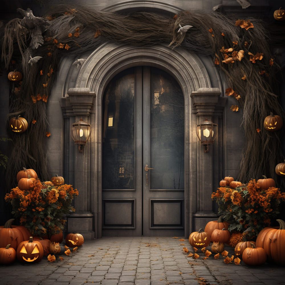 Toile de Fond de Citrouilles de Porte d'Entrée de Manoir d'Halloween RR7-113