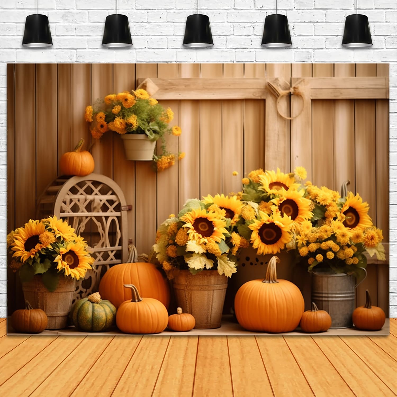 Toile de Fond de Grange avec Bouquet de Tournesols et Citrouilles d'Automne RR7-122