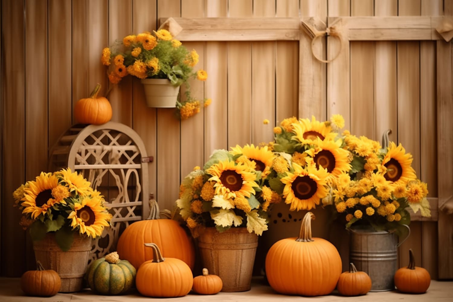Toile de Fond de Grange avec Bouquet de Tournesols et Citrouilles d'Automne RR7-122