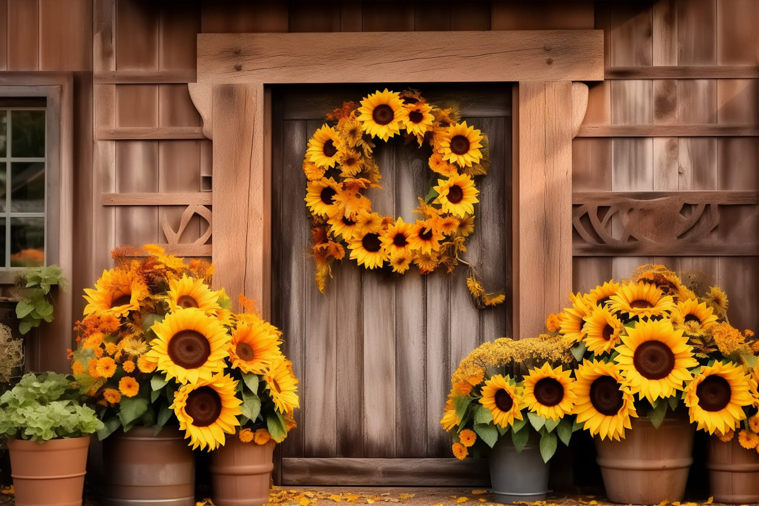 Toile de Fond de Photographie de Récolte d'Automne avec Tournesols et Grange RR7-123