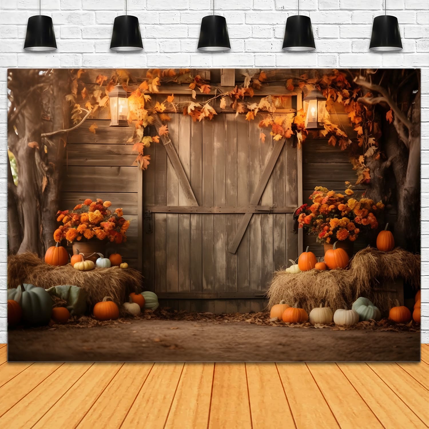 Toile de Fond de Grange avec Citrouilles et Feuilles d'Automne RR7-126