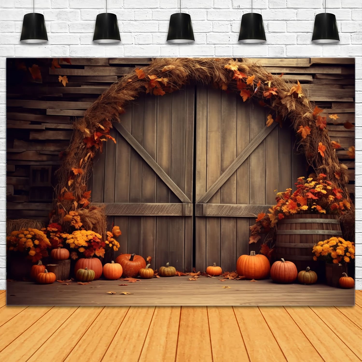 Toile de Fond de Feuilles d'Érable et Citrouilles sous une Arche d'Automne RR7-127