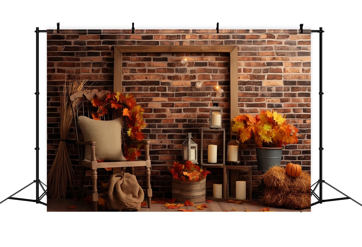 Toile de Fond de Mur de Briques avec Feuilles d'Érable d'Automne RR7-144