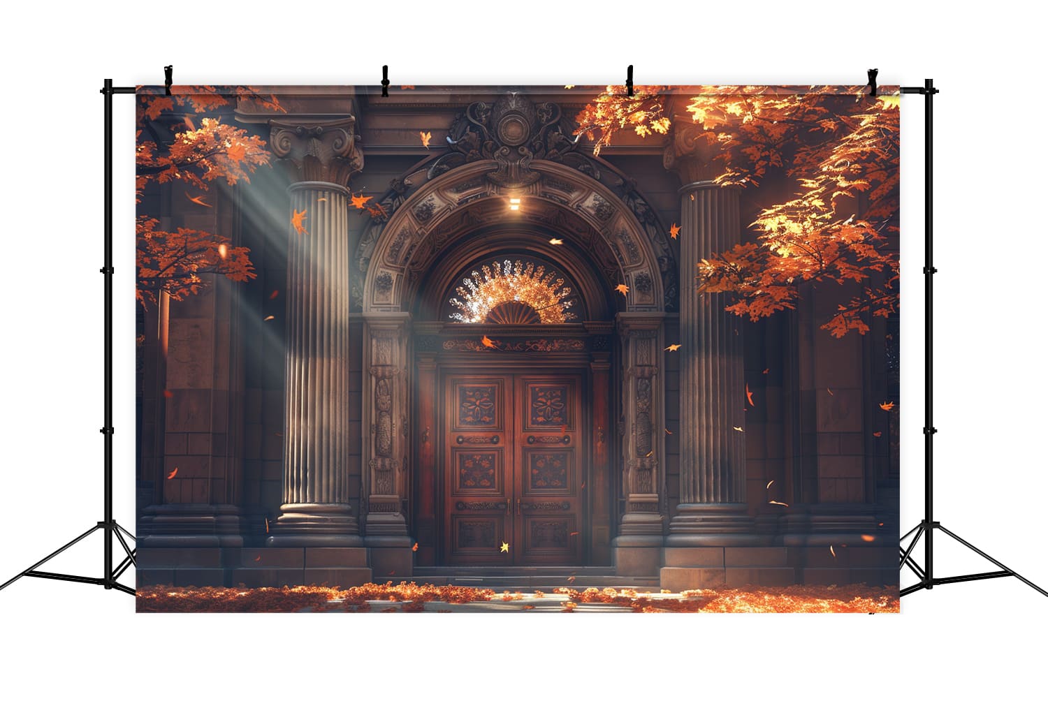 Toile de Fond de Porte de Manoir avec Feuilles d'Érable d'Automne RR7-148
