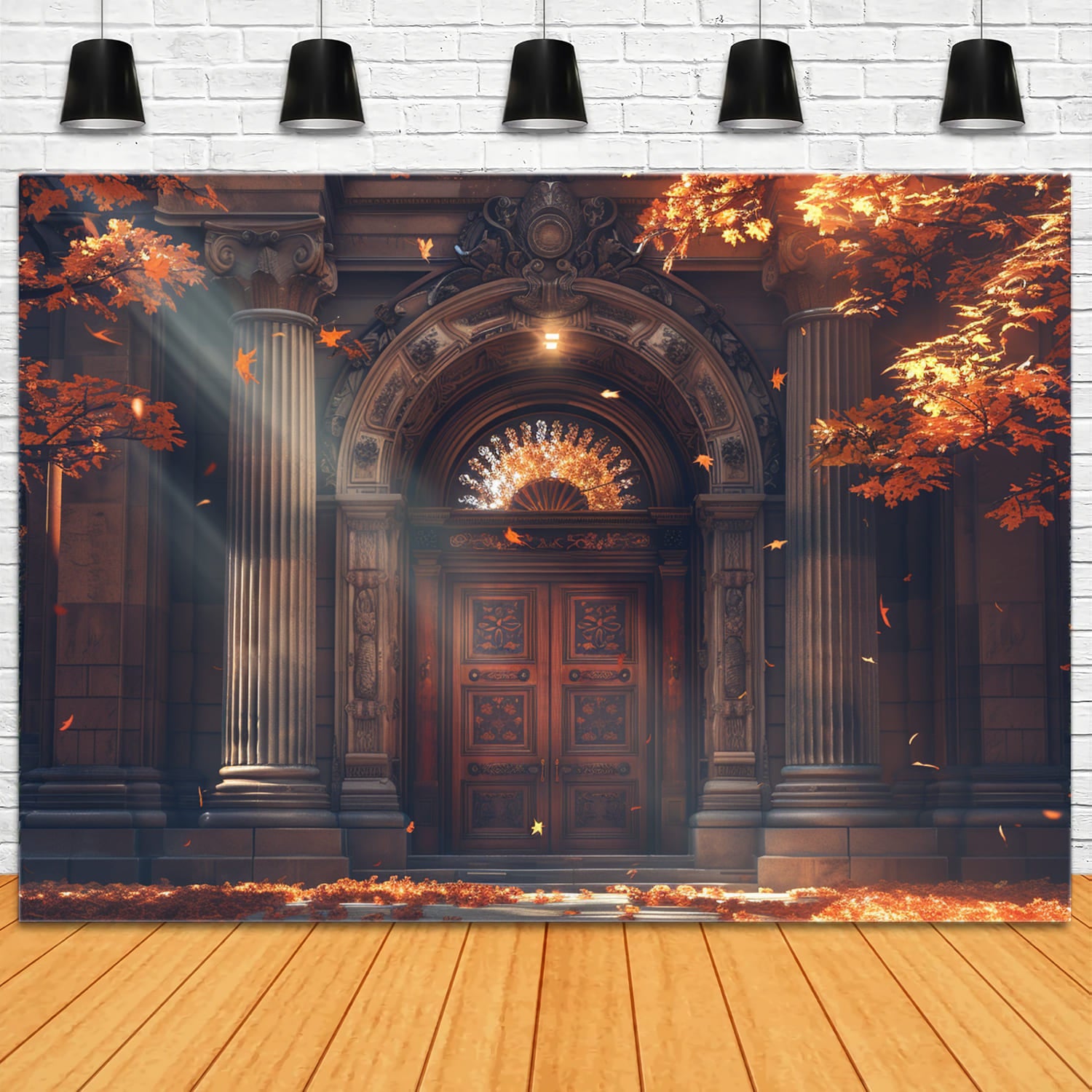 Toile de Fond de Porte de Manoir avec Feuilles d'Érable d'Automne RR7-148