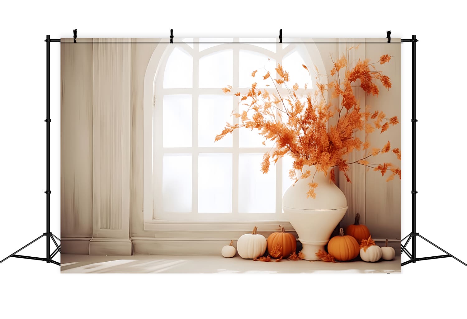Toile de Fond de Citrouille et Vase avec Feuilles d'Érable Séchées d'Automne RR7-152