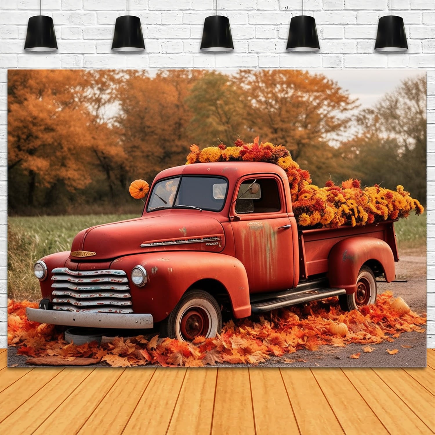 Toile de Fond de Forêt d'Érable avec Camion Rouge d'Automne RR7-157