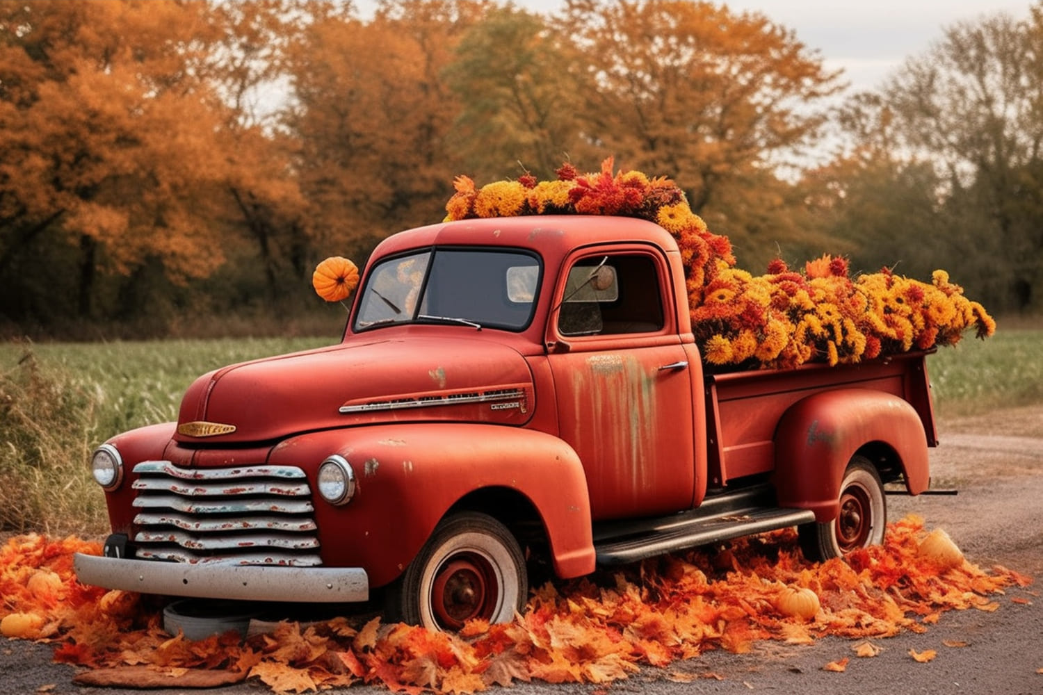 Toile de Fond de Forêt d'Érable avec Camion Rouge d'Automne RR7-157