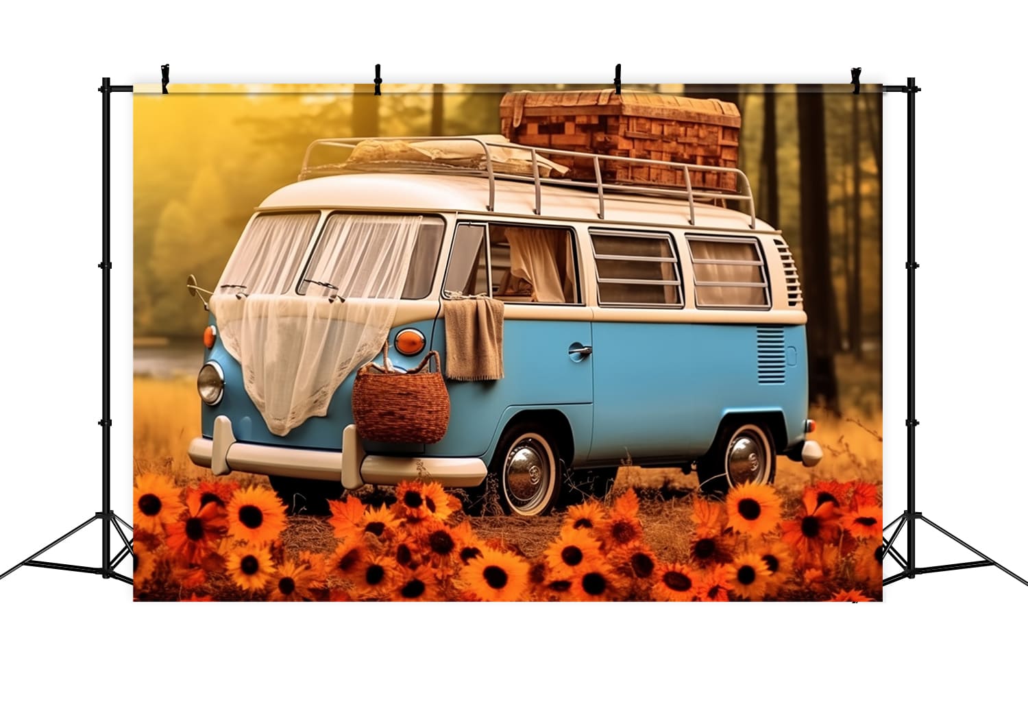 Toile de Fond de Tournesols avec Bus Voiture Bleu Blanc d'Automne RR7-163