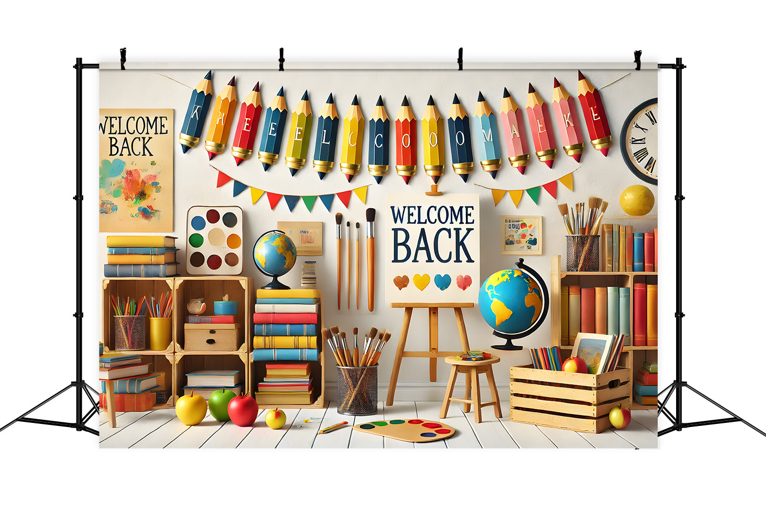 Toile de Fond de Bienvenue à la Rentrée avec Crayons et Pinceaux RR7-238