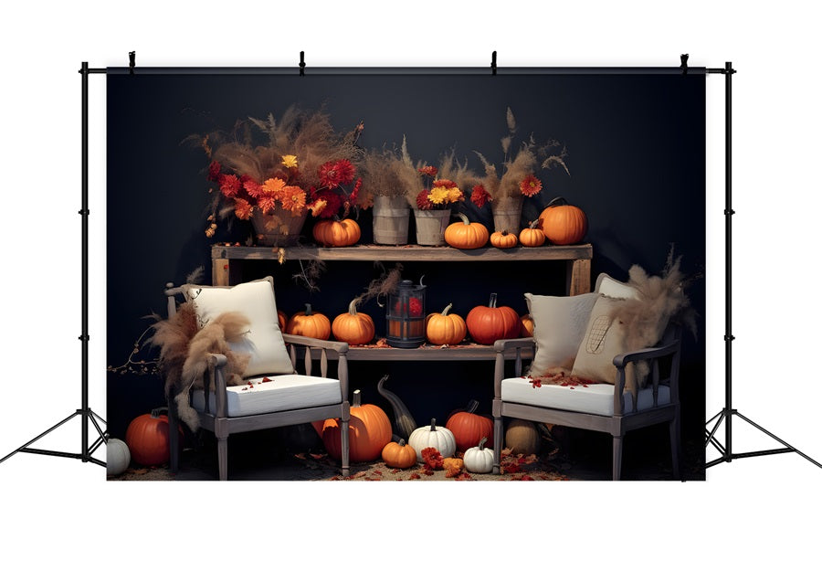 Toile de fond Florale et citrouille avec coin salon chaleureux d'automne RR7-251