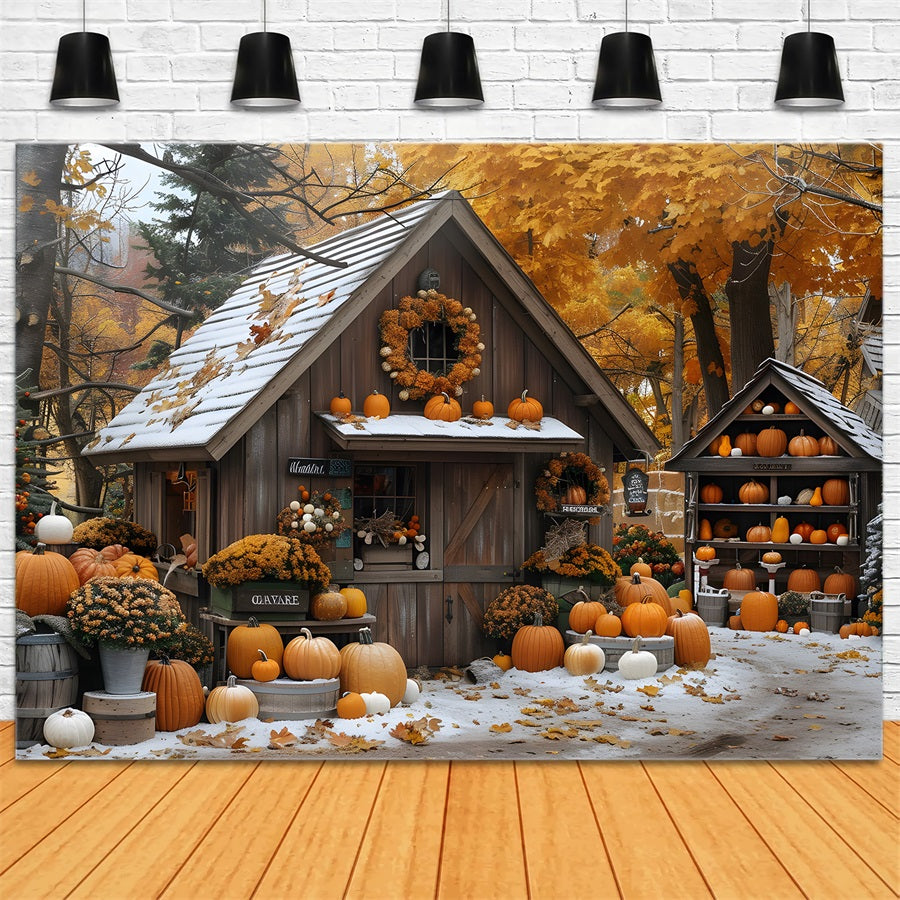 Toile de fond de jardin enneigé avec cottage et citrouilles d'automne RR7-263