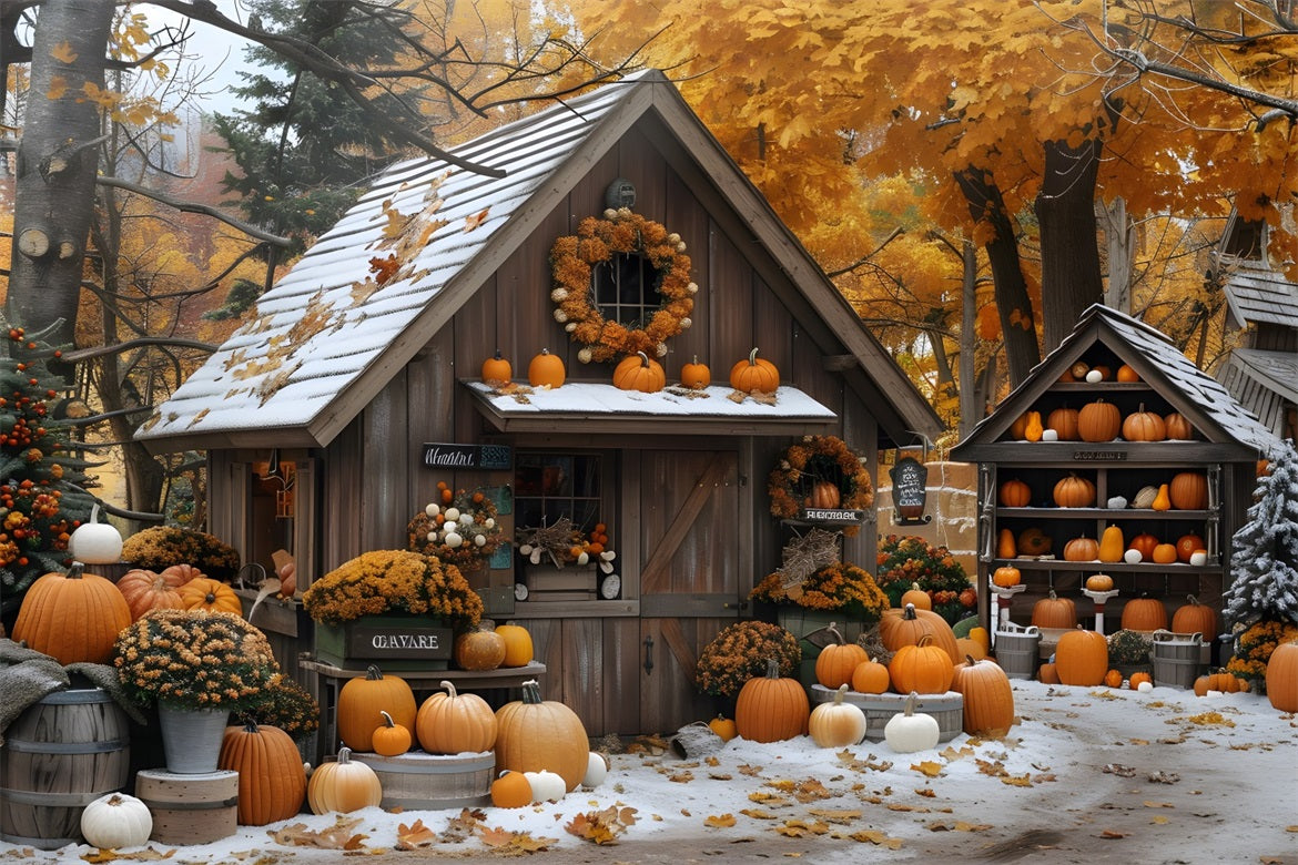 Toile de fond de jardin enneigé avec cottage et citrouilles d'automne RR7-263