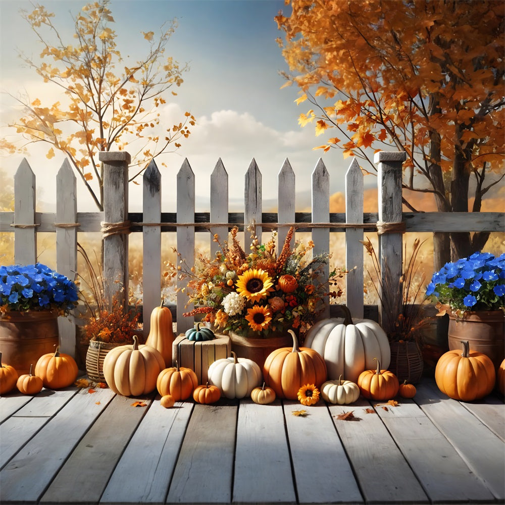 Toile de fond de clôture avec fleurs et citrouilles de récolte d'automne RR7-280