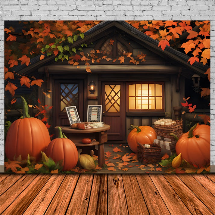 Toile de fond de cottage chaleureux d'automne avec citrouilles et feuilles RR7-284